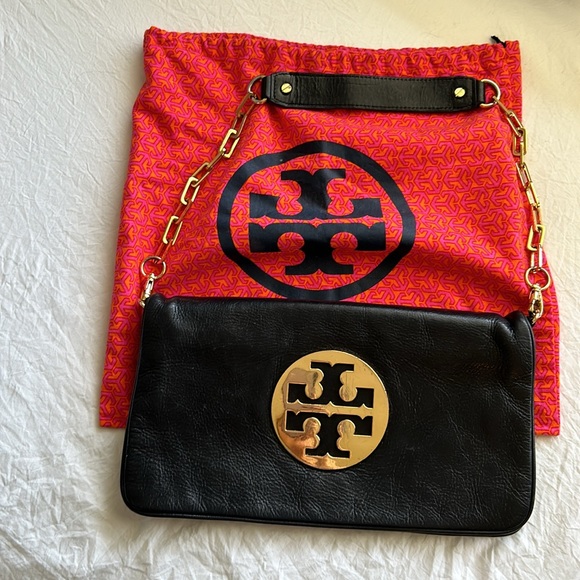 Tory Burch Black Leather Clutch with Gold Accents - Picture 1 of 9